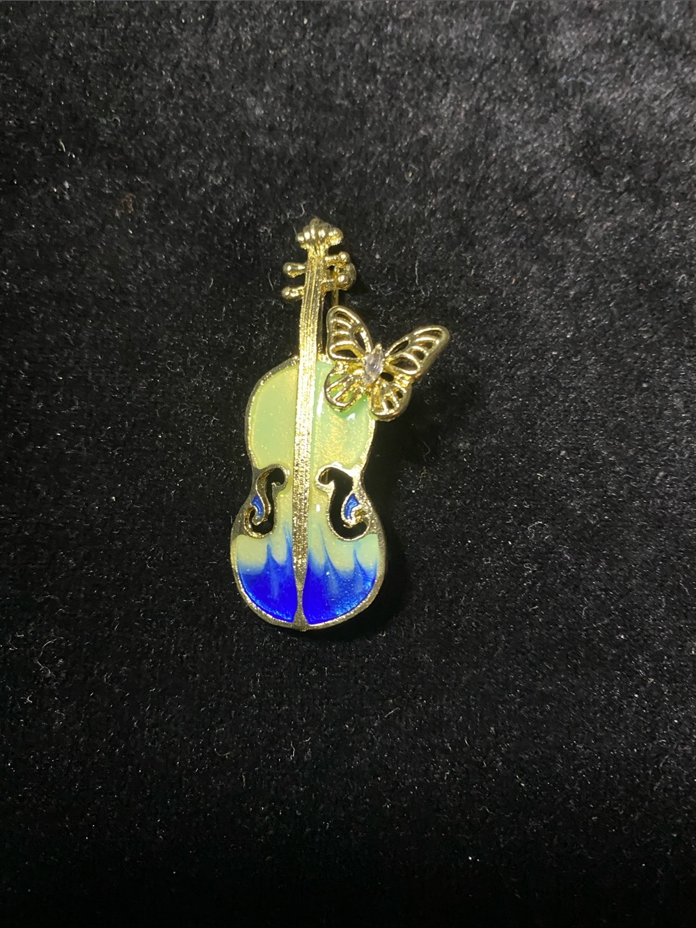 Violin Butterfly Green Blue Enamel Brooch Music Gift